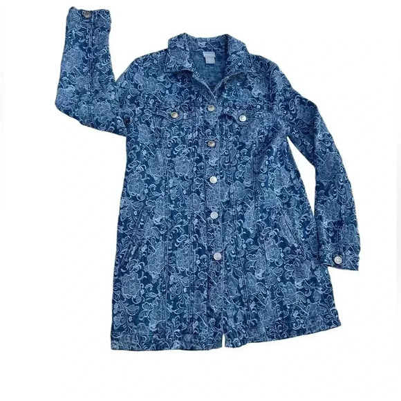 Chicos Elongated Jacquard Pattern Denim Jean Jacket Size 0 US 4/6 Deep Pockets - Picture 1 of 8
